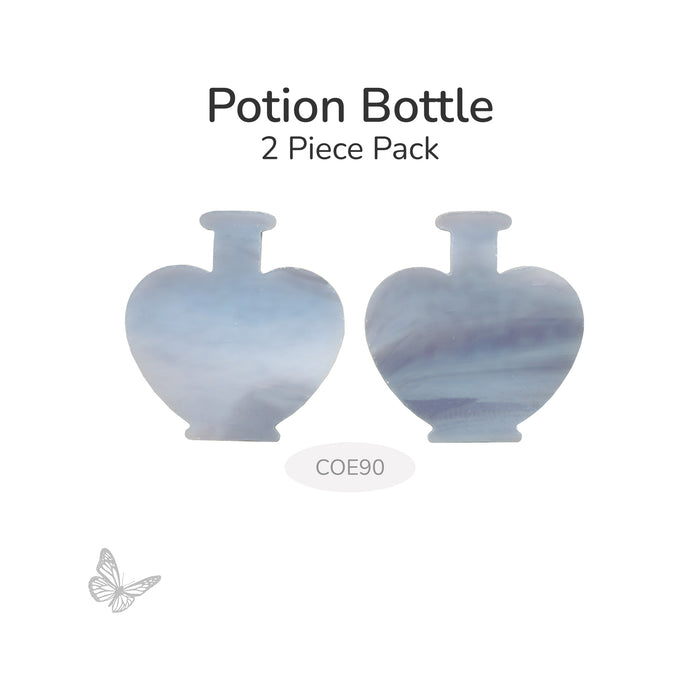 Two purple/white swirl potion bottle–shaped precut glass pieces shown on a white background, COE90