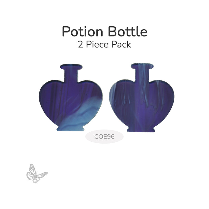 Two purple/white swirl potion bottle–shaped precut glass pieces shown on a white background, COE96